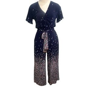 Michael Kors Navy Floral V-Neck Tie-Waist Jumpsuit Size Small